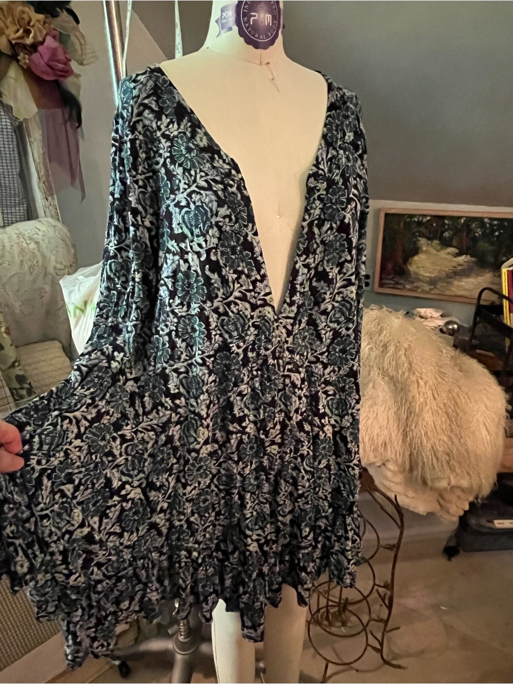 Free People Blue and White Floral Deep V Long-Sleeve Mini Dress
